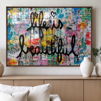 36856-MGV-FP-60X30-3P_Walnut-Life Is Beautiful Wall Art – Colorful Graffiti Canvas Print, Modern Street Style Artwork, Inspirational Decor for Living Room,