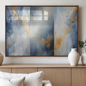 41836-MGV-FP-60X30-3P_Walnut-Abstract Gold Wall Art Canvas Print, Framed Blue Layers Art Picture Print, Elegant Cloud Perfect Elegant Minimalist Decor Artwork