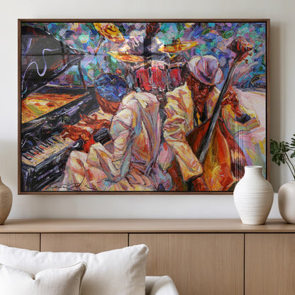 13675-MGV-FP-60X30-3P_Walnut-Jazz Band Wall Art Canvas Print, Framed Jazz Oil Painting Art Picture Print, Vibrant Music Perfect Abstract Musical Decor Artwork