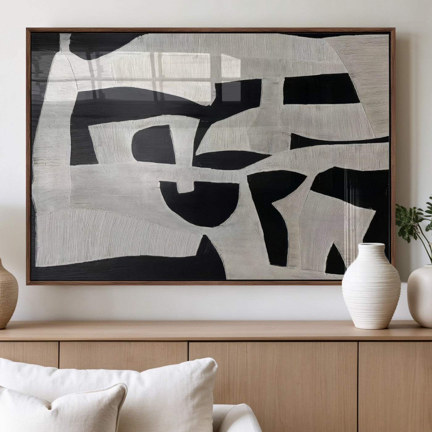 33714-MGV-FP-36X24-3P_Walnut-Monochrome Design Wall Art Canvas Print, Framed Modern Linework Art Picture Print, Textured Shapes Perfect Monochrome Modern Decor