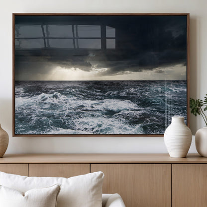 51359-MGV-FP-60X30-3P_Walnut-Stormy Ocean Wall Art Canvas Print, Framed Moody Seascape Art Picture Print, Ocean Storm Perfect Dramatic Coastal Decor Artwork
