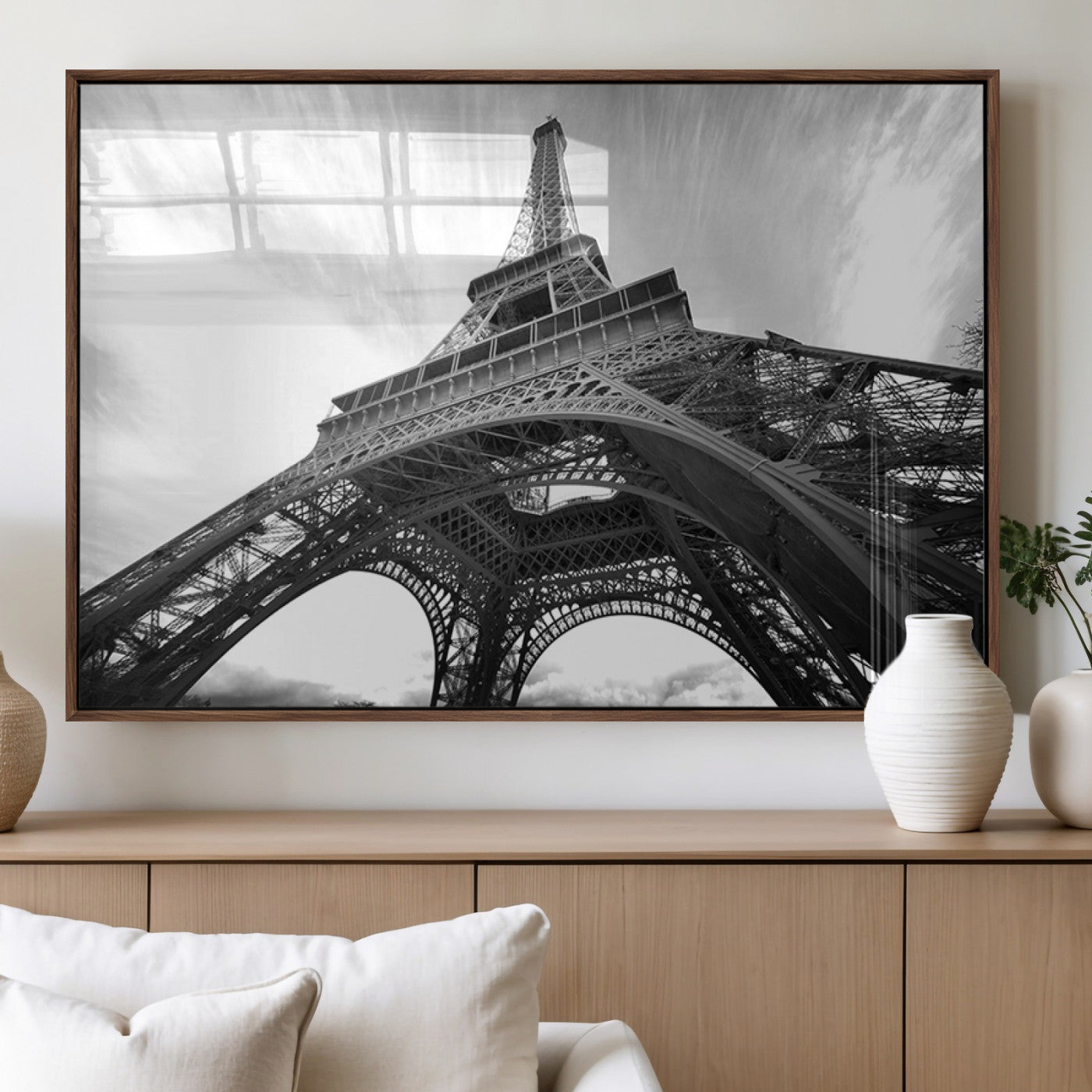 40006-MGV-FP-36X24-3P_Walnut-Eiffel Tower Wall Art – Black and White Architectural Photo Print, Paris Inspired Decor for Bedroom, Office, Studio or Modern