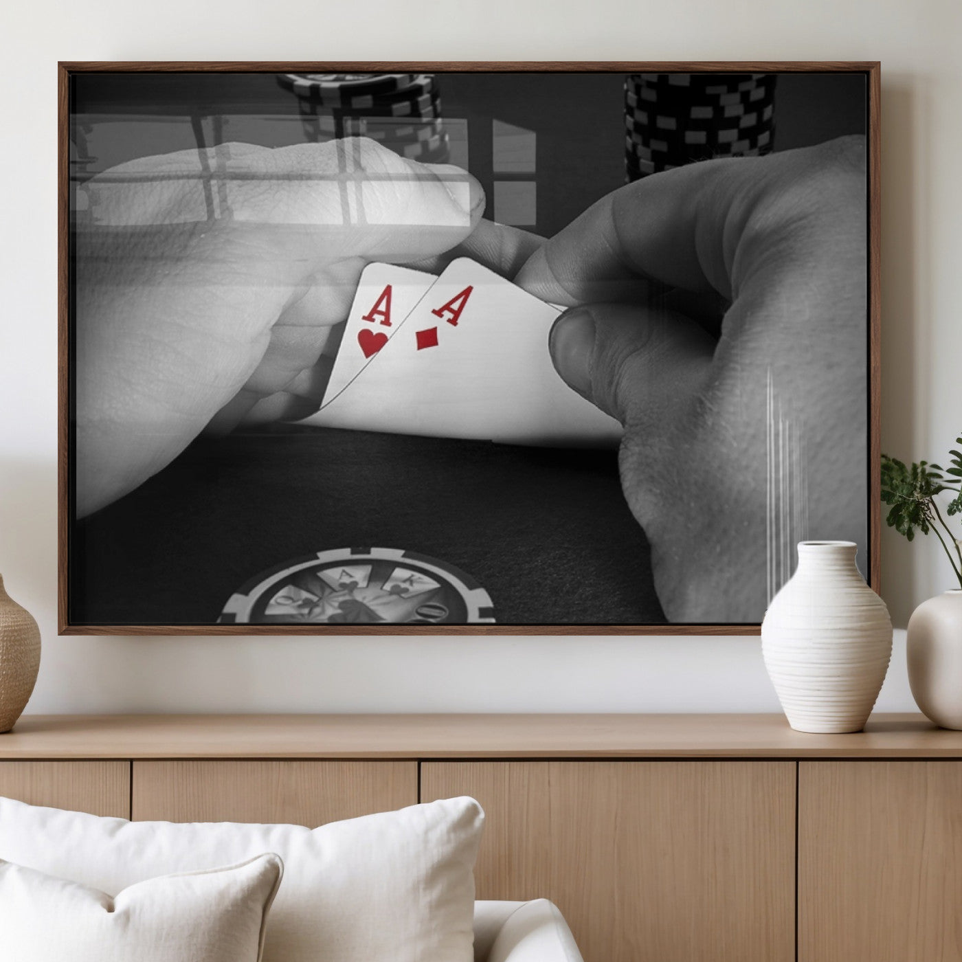 62460-MGV-FP-36X24-3P_Walnut-Poker Game Wall Art – Close Up of Hands Holding Aces with Chips, Casino Style Decor for Game Room, Man Cave or Office