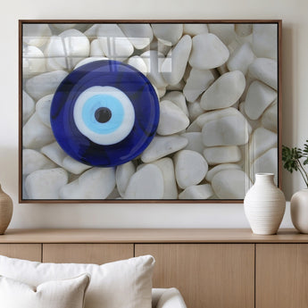48883-MGV-FP-36X24-3P_Walnut-Evil Eye Wall Art – Deep Blue Symbol of Presence and Calm on White Stones, Subtle Spiritual Decor for Entryway, Studio, Office or