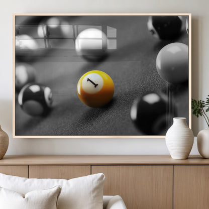 52108-MGV-FP-36X24-3P_Natural-Precision Pool Table Wall Art – Close Up Yellow 1 Ball Canvas Print, Hand-Played Billiards Game Decor for Office, Game Room, or