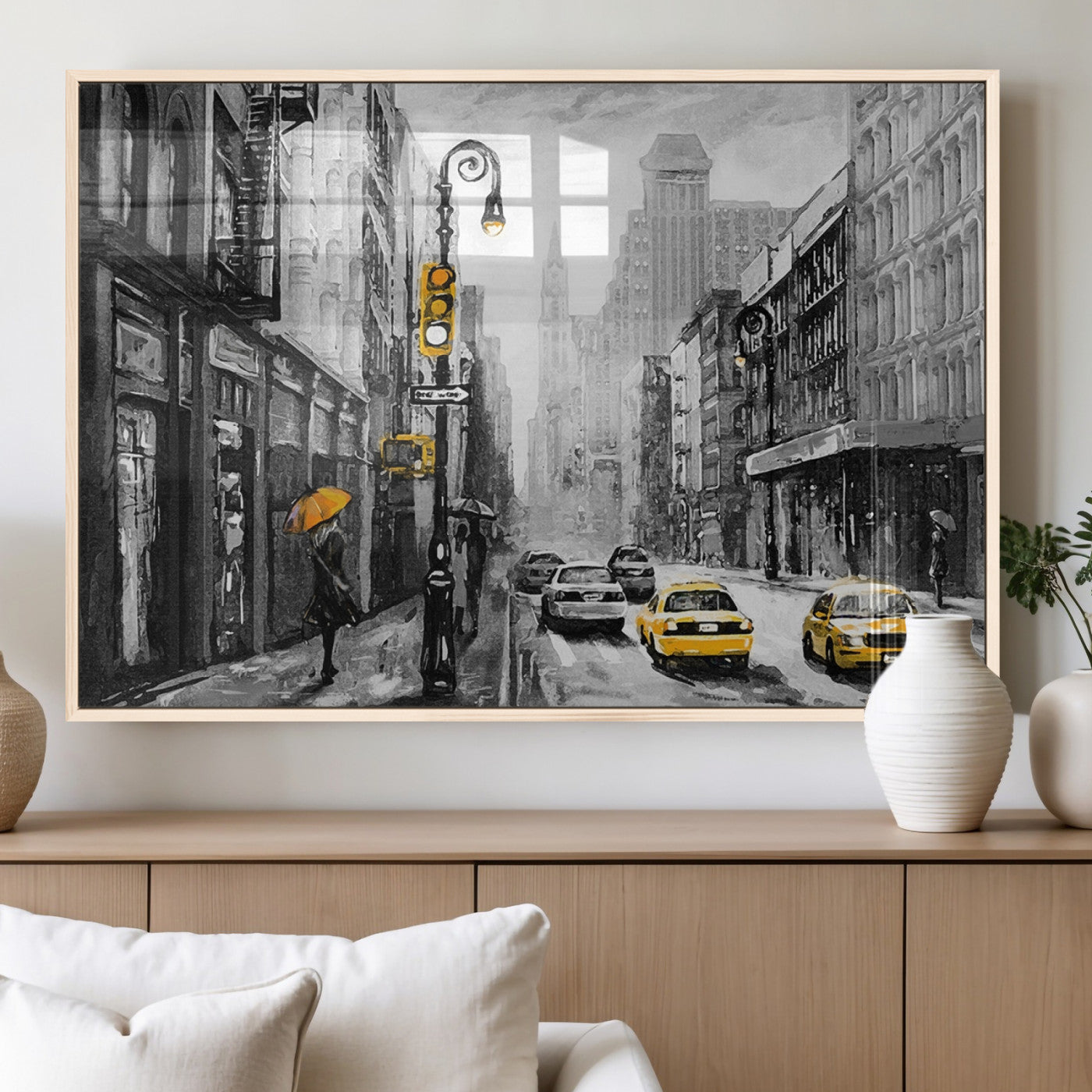 32362-MGV-FP-36X24-3P_Natural-NYC Street Wall Art – Black and White Cityscape with Yellow Taxis and Umbrella Canvas Print, Urban Home Decor for Living Room or