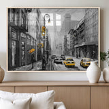 32362-MGV-FP-36X24-3P_Natural-NYC Street Wall Art – Black and White Cityscape with Yellow Taxis and Umbrella Canvas Print, Urban Home Decor for Living Room or