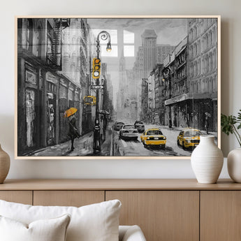 32362-MGV-FP-36X24-3P_Natural-NYC Street Wall Art – Black and White Cityscape with Yellow Taxis and Umbrella Canvas Print, Urban Home Decor for Living Room or