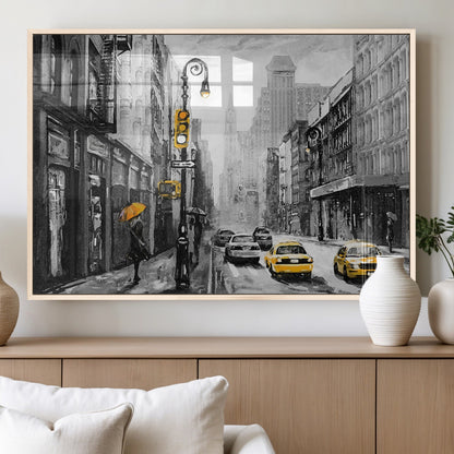 32362-MGV-FP-36X24-3P_Natural-NYC Street Wall Art – Black and White Cityscape with Yellow Taxis and Umbrella Canvas Print, Urban Home Decor for Living Room or