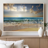 13139-MGV-FP-36X24-3P_Natural-Sunrise Beach Wall Art – Ocean Waves and Golden Sand Canvas Print, Coastal Home Decor for Living Room, Bedroom, or Office
