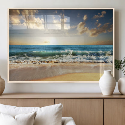 13139-MGV-FP-36X24-3P_Natural-Sunrise Beach Wall Art – Ocean Waves and Golden Sand Canvas Print, Coastal Home Decor for Living Room, Bedroom, or Office