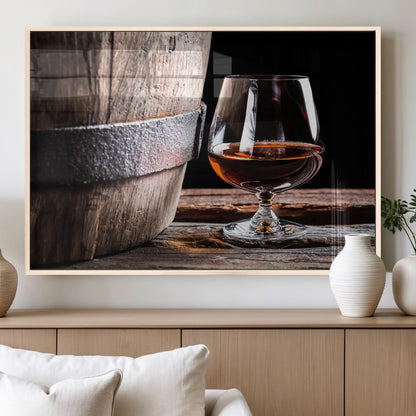50839-MGV-FP-36X24-3P_Natural-Barrel & Brandy Wall Art – Rustic Whiskey Barrel and Brandy Glass Canvas Print, Elegant Home Bar or Lounge Decor for Office, Man