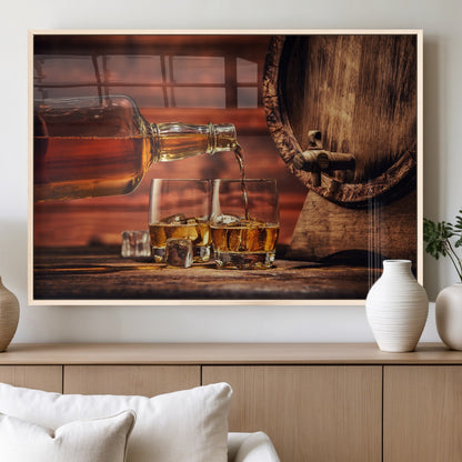 52458-MGV-FP-36X24-3P_Natural-Whiskey Pour Wall Art – Elegant Whiskey Bottle Pouring into Glasses Canvas Print, Refined Bar or Lounge Decor for Home, Office, or