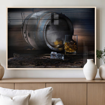 78049-MGV-FP-36X24-3P_Natural-Whiskey Barrel Wall Art – Rustic Whiskey Barrel and Glass with Ice Canvas Print, Classic Bar or Lounge Decor for Home, Office, or