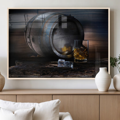 78049-MGV-FP-36X24-3P_Natural-Whiskey Barrel Wall Art – Rustic Whiskey Barrel and Glass with Ice Canvas Print, Classic Bar or Lounge Decor for Home, Office, or