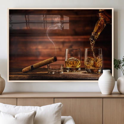 91042-MGV-FP-36X24-3P_Natural-Whiskey & Cigar Wall Art – Elegant Whiskey Pour and Smoldering Cigar Canvas Print, Sophisticated Bar or Lounge Decor for Home,