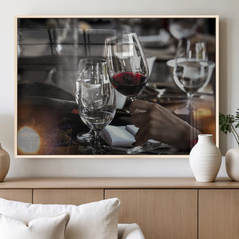 75513-MGV-FP-36X24-3P_Natural-Elegant Wine Toast Wall Art – Close-Up Red Wine Glass at Dinner Table Canvas Print, Sophisticated Dining Room or Bar Decor