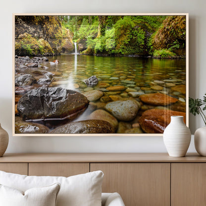98096-MGV-FP-36X24-3P_Natural-Serene River Waterfall Nature Photo – Calm Clear Water, Vibrant Green Forest and Smooth Stones Landscape Wall Art for Home or