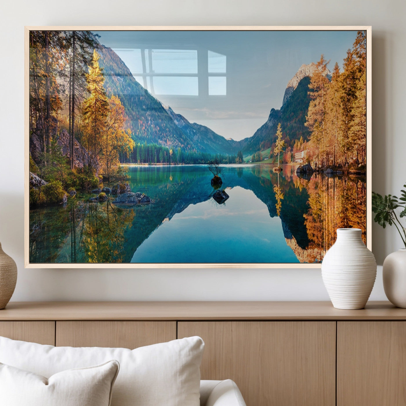 32962-MGV-FP-36X24-3P_Natural-Mountain Lake Wall Art – Tranquil Autumn Landscape Canvas Print, Nature Reflection Decor for Living Room, Bedroom, Office or Cabin