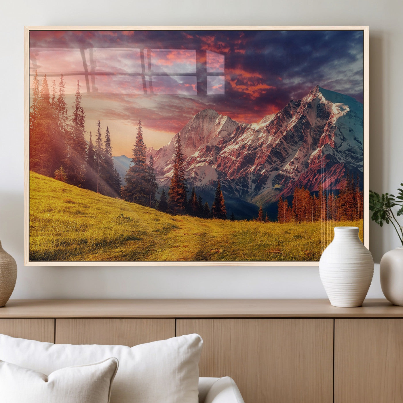 83947-MGV-FP-36X24-3P_Natural-Sunset Mountain Landscape Wall Art – Panoramic Alpine Meadow and Snow Capped Peaks Canvas Print, Nature Scenic Decor for Home,