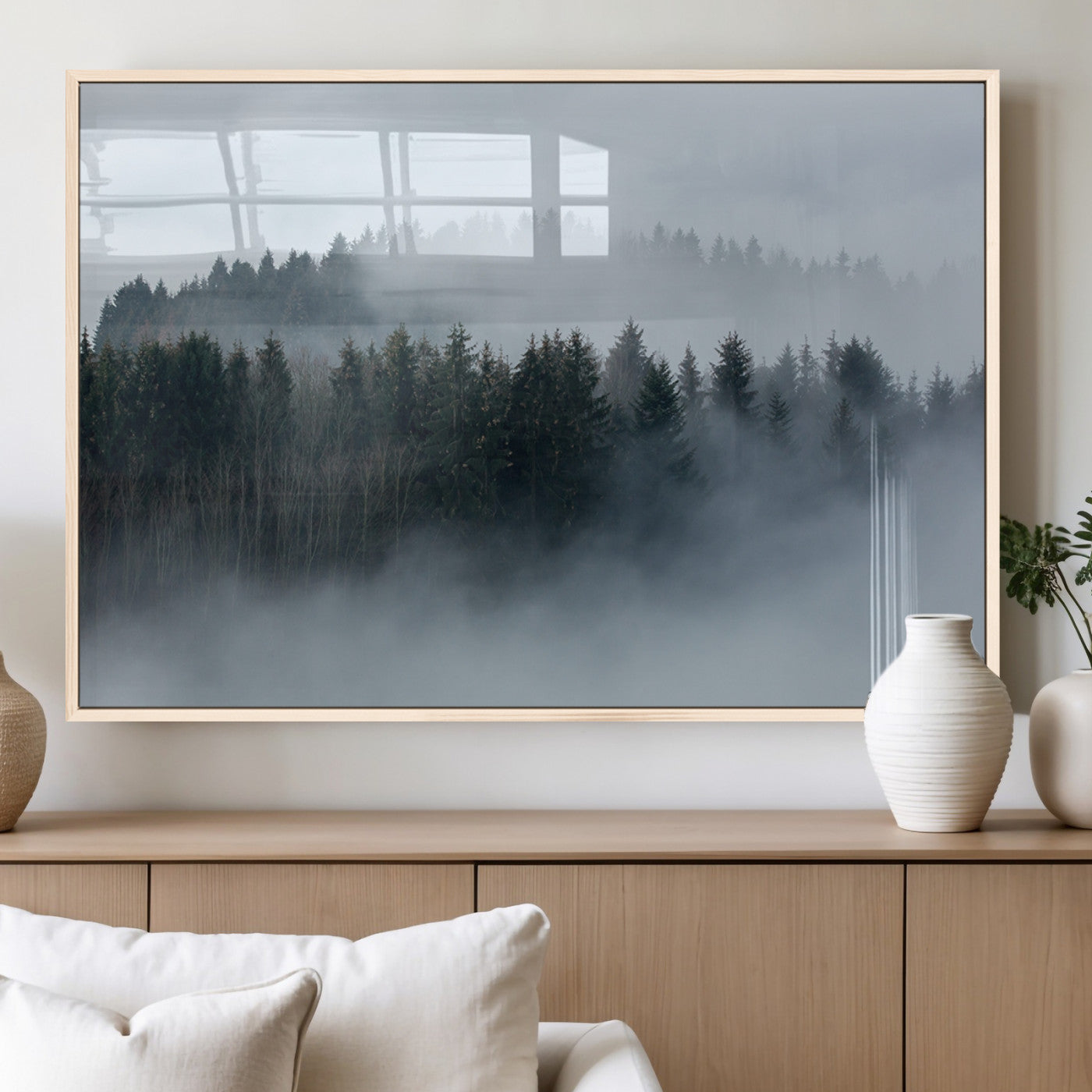 42596-MGV-FP-36X24-3P_Natural-Misty Forest Wall Art – Atmospheric Pine Trees Canvas Print, Nature Landscape Decor for Living Room, Bedroom, Office, or Cabin