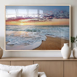 39560-MGV-FP-36X24-3P_Natural-Sunrise Beach Wall Art – Vibrant Ocean Waves and Golden Sand Canvas Print, Seaside Coastal Decor for Living Room, Bedroom or