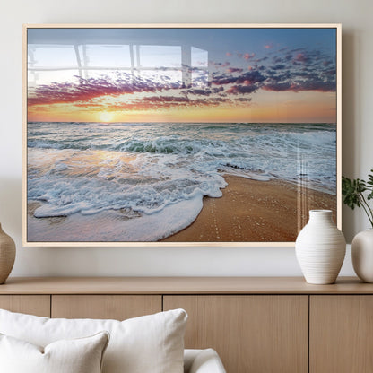 39560-MGV-FP-36X24-3P_Natural-Sunrise Beach Wall Art – Vibrant Ocean Waves and Golden Sand Canvas Print, Seaside Coastal Decor for Living Room, Bedroom or