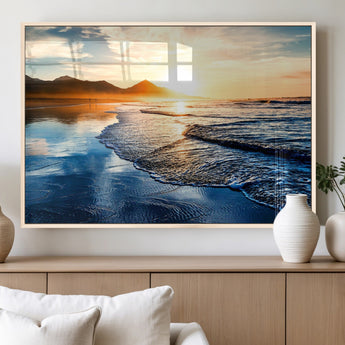 86173-MGV-FP-36X24-3P_Natural-Golden Sunset Beach Wall Art – Reflective Ocean Canvas Print with Mountains and Waves, Coastal Nature Decor for Living Room,