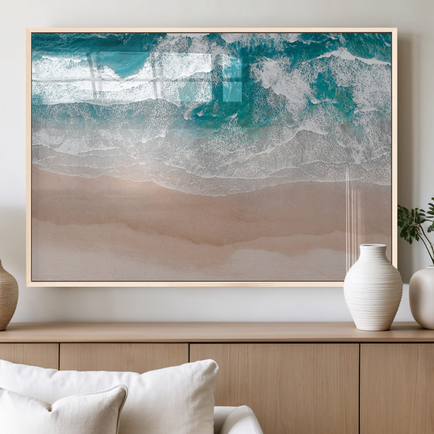 39236-MGV-FP-36X24-3P_Natural-Ocean Beach Wall Art – Aerial View of Waves and Sand Canvas Print, Coastal Home Decor for Living Room, Bedroom, Office or Beach