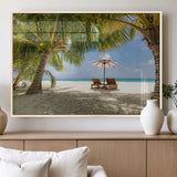 83601-MGV-FP-36X24-3P_Natural-Tropical Beach Wall Art – Serene Palm Trees and Lounge Chairs Canvas Print, Relaxing Coastal Decor for Living Room, Bedroom or