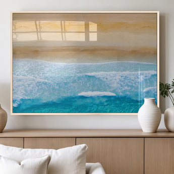 43046-MGV-FP-36X24-3P_Natural-Aerial Beach Wall Art – Serene Ocean Waves & Sandy Shore Canvas Print, Coastal Home Decor for Living Room, Bedroom or Office