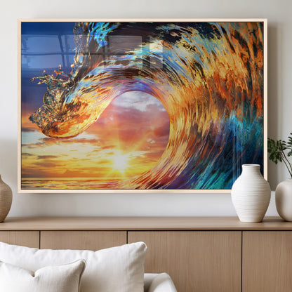 52890-MGV-FP-36X24-3P_Natural-Surfing Wave Wall Art Canvas Print, Framed Sunset Ocean Art Picture Print, Ocean Wave Perfect Nautical Decor Artwork