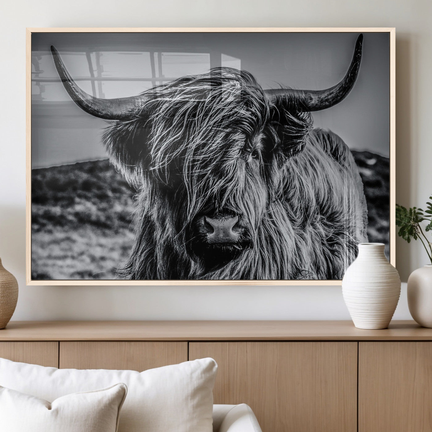 97372-MGV-FP-36X24-3P_Natural-Elegant Highland Cow Wall Art – Black and White Canvas Print, Rustic Nature Decor for Home, Office, Living Room or Man Cave