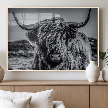97372-MGV-FP-36X24-3P_Natural-Elegant Highland Cow Wall Art – Black and White Canvas Print, Rustic Nature Decor for Home, Office, Living Room or Man Cave