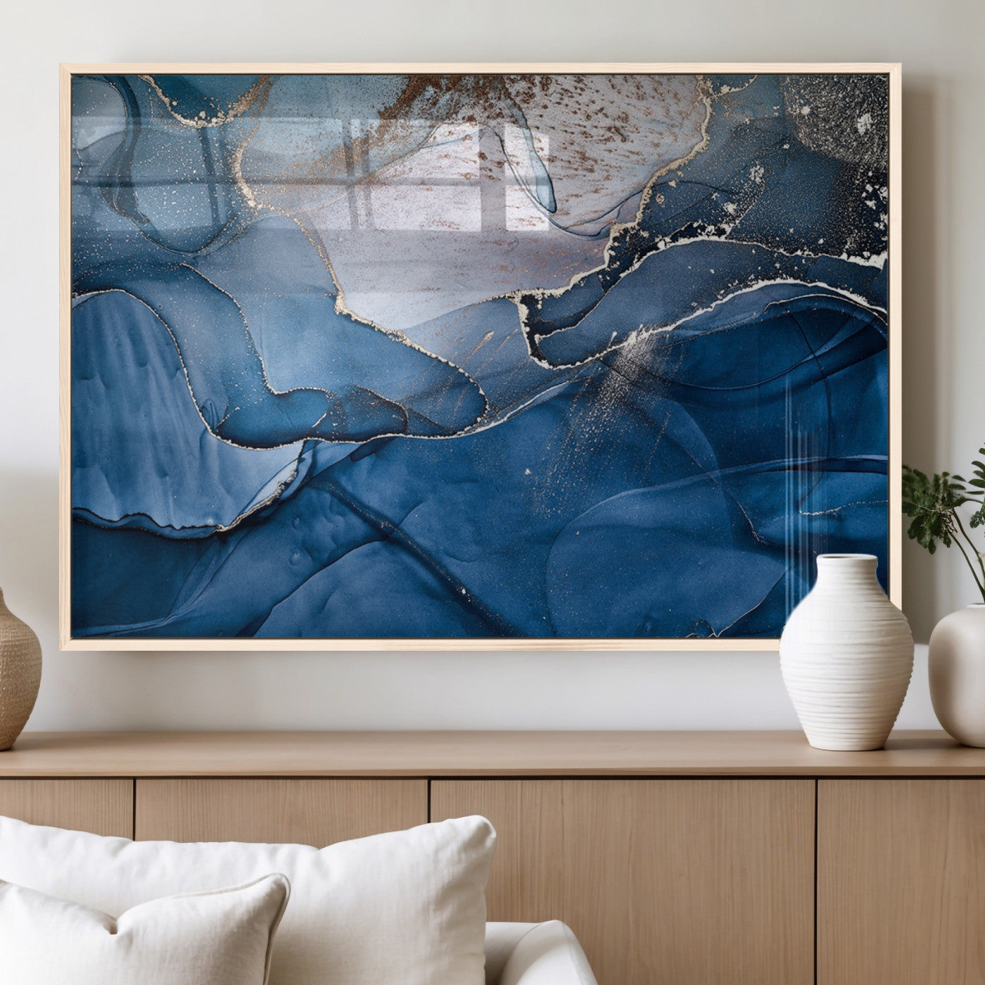 27810-MGV-FP-36X24-3P_Natural-Abstract Blue Gold Fluid Art Wall – Modern Canvas Print, Elegant Home & Office Wall Art, Stylish Living Room or Bedroom Decor