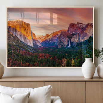 24519-MGV-FP-36X24-3P_Natural-Yosemite Valley Sunset Wall Art – Majestic Mountain Landscape with Waterfall and Vibrant Sky, Nature Photography for Home or