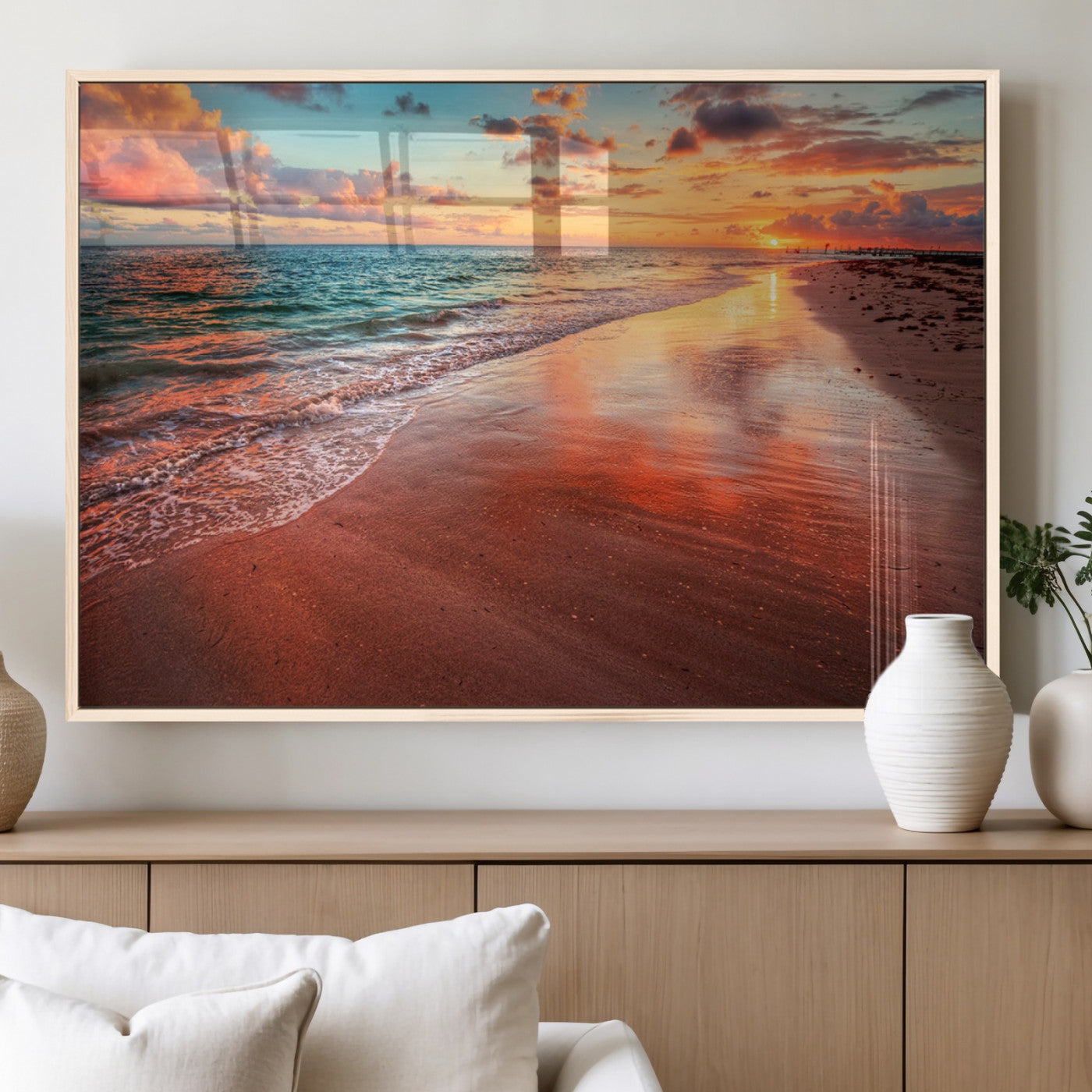 77723-MGV-FP-60X30-3P_Natural-Sunset Beach Wall Art – Vibrant Ocean Waves and Golden Horizon Canvas Print, Coastal Seascape Photography Home Decor