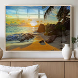 26181-MGV-FP-60X30-3P_Natural-Golden Tropical Sunset Beach Wall Art – Ocean Canvas Print with Palm Trees and Rocks, Coastal Paradise Decor for Living Room or