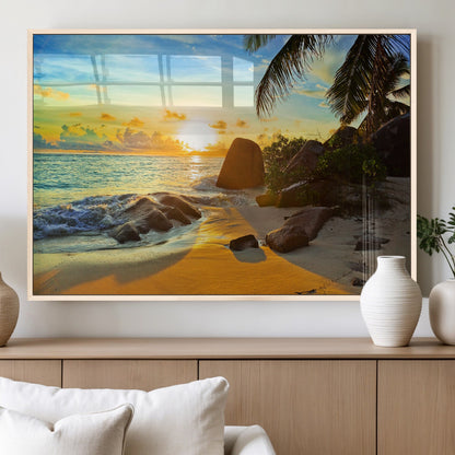 26181-MGV-FP-60X30-3P_Natural-Golden Tropical Sunset Beach Wall Art – Ocean Canvas Print with Palm Trees and Rocks, Coastal Paradise Decor for Living Room or