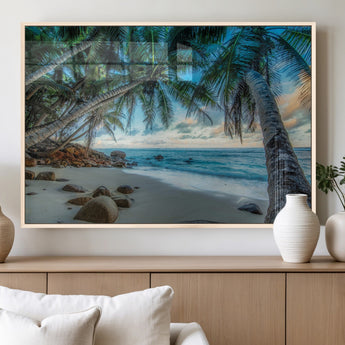 39679-MGV-FP-60X30-3P_Natural-Tropical Palm Beach Wall Art – Serene Ocean Canvas Print with Palm Trees and Rocks, Coastal Paradise Decor for Living Room or