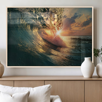 55359-MGV-FP-60X30-3P_Natural-Radiant Ocean Wave Wall Art – Panoramic Surf Canvas Print, Vibrant Sunset Beach Decor for Home, Office or Man Cave