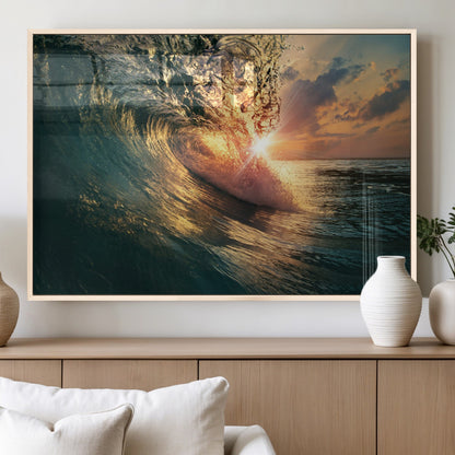55359-MGV-FP-60X30-3P_Natural-Radiant Ocean Wave Wall Art – Panoramic Surf Canvas Print, Vibrant Sunset Beach Decor for Home, Office or Man Cave