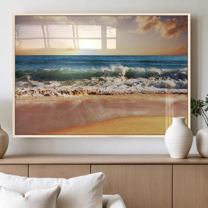 79005-MGV-FP-60X30-3P_Natural-Golden Sunrise Ocean Waves Wall Art – Panoramic Seashore Canvas Print, Calming Coastal Decor for Home, Office or Relaxation Space