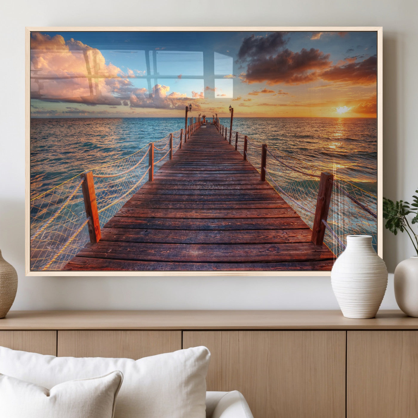 28836-MGV-FP-60X30-3P_Natural-Ocean Pier Sunset Wall Art – Wooden Dock and Golden Horizon Canvas Print, Coastal Seascape Photography for Living Room, Bedroom,