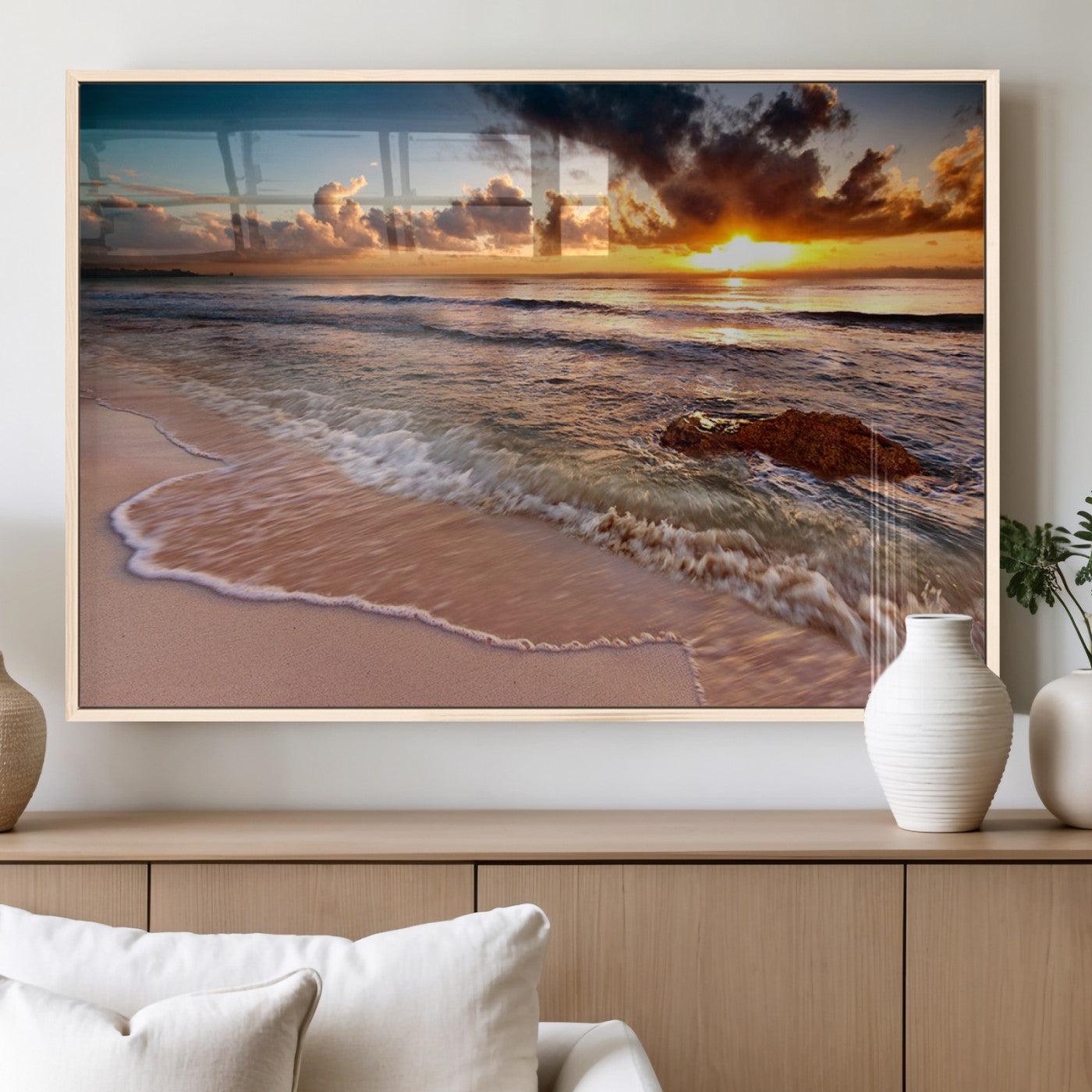 80979-MGV-FP-60X30-3P_Natural-Golden Sunrise Beach Wall Art – Ocean Waves and Sandy Shore Canvas Print, Coastal Sunset Photography Artwork for Living Room,