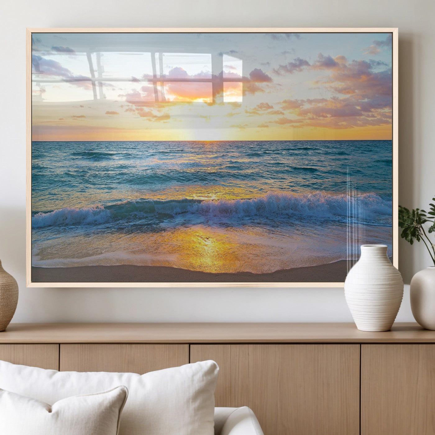 78006-MGV-FP-60X30-3P_Natural-Golden Sunrise Ocean Wall Art – Panoramic Beach Waves Canvas Print, Coastal Seascape Artwork for Living Room, Bedroom, Office, or