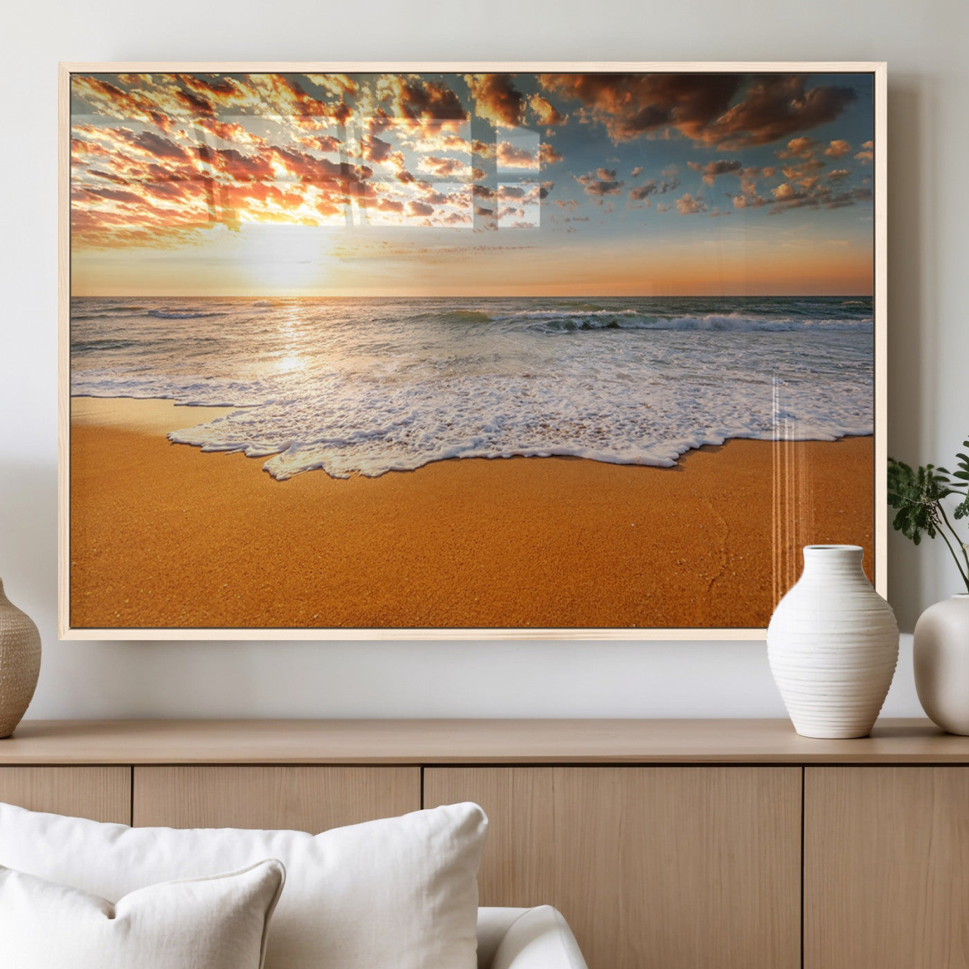 15399-MGV-FP-60X30-3P_Natural-Golden Sunrise Beach Wall Art – Ocean Waves on Sandy Shore Canvas Print, Coastal Seascape Decor for Living Room or Bedroom