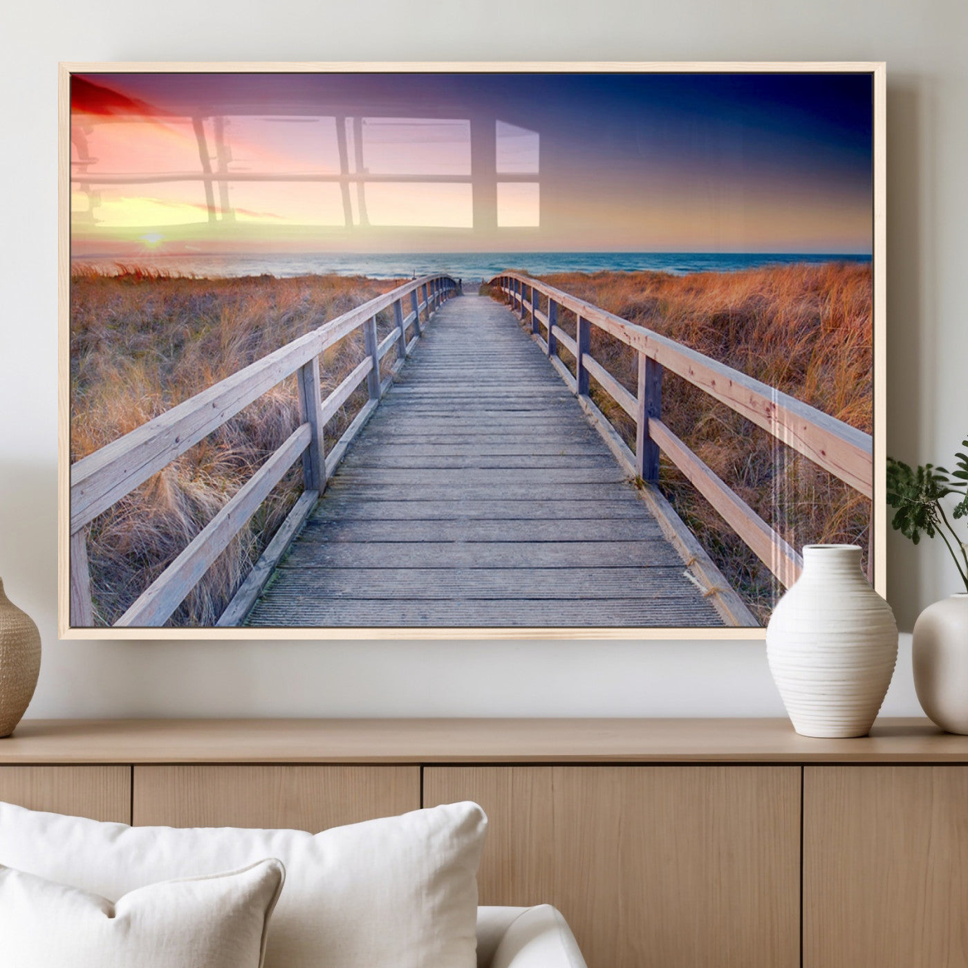 60625-MGV-FP-60X30-3P_Natural-Beach Boardwalk Sunrise Wall Art – Coastal Pathway to Ocean Canvas Print, Seaside Landscape Decor for Home or Office