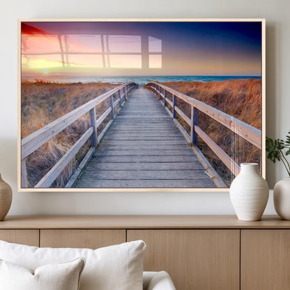 60625-MGV-FP-60X30-3P_Natural-Beach Boardwalk Sunrise Wall Art – Coastal Pathway to Ocean Canvas Print, Seaside Landscape Decor for Home or Office