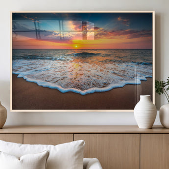 16110-MGV-FP-60X30-3P_Natural-Ocean Sunset Wall Art – Vibrant Beach Waves and Horizon Canvas Print, Relaxing Coastal Seascape Decor for Living Room or Bedroom
